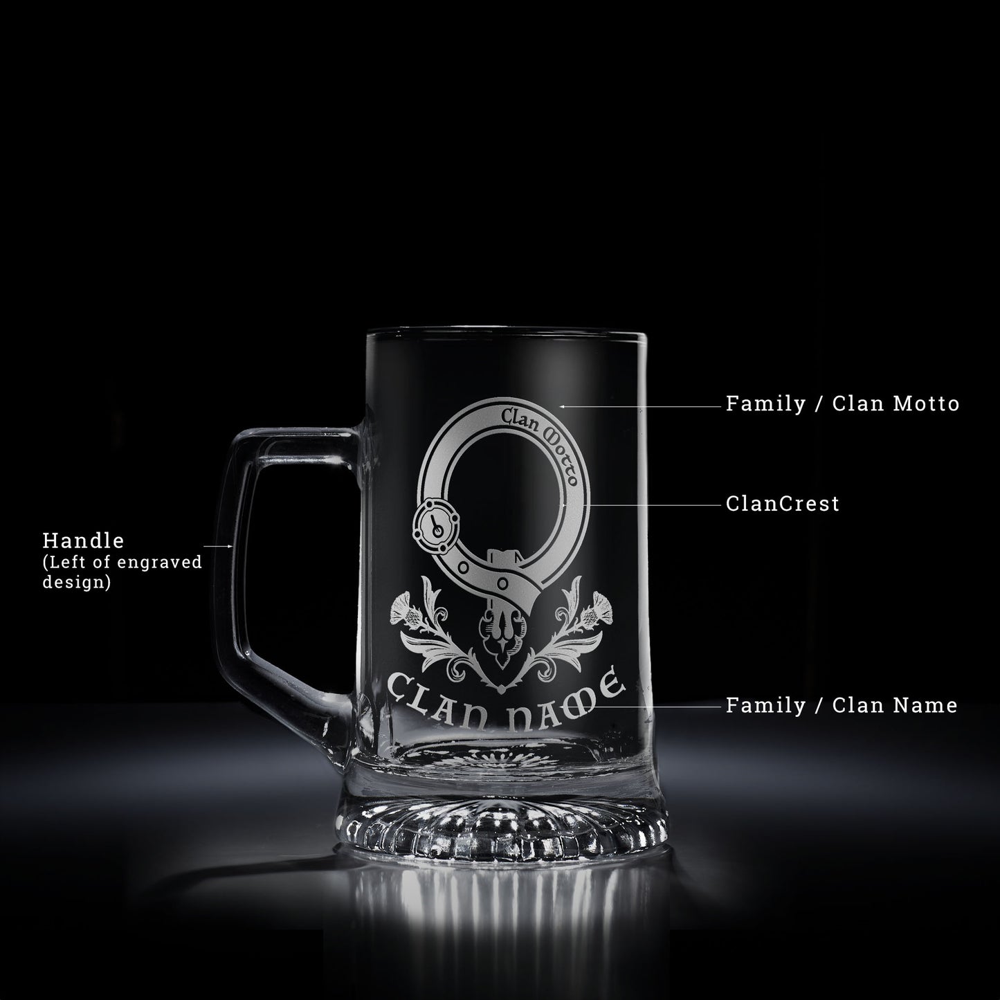 Glass tankard engraved with a Scottish clan crest design 