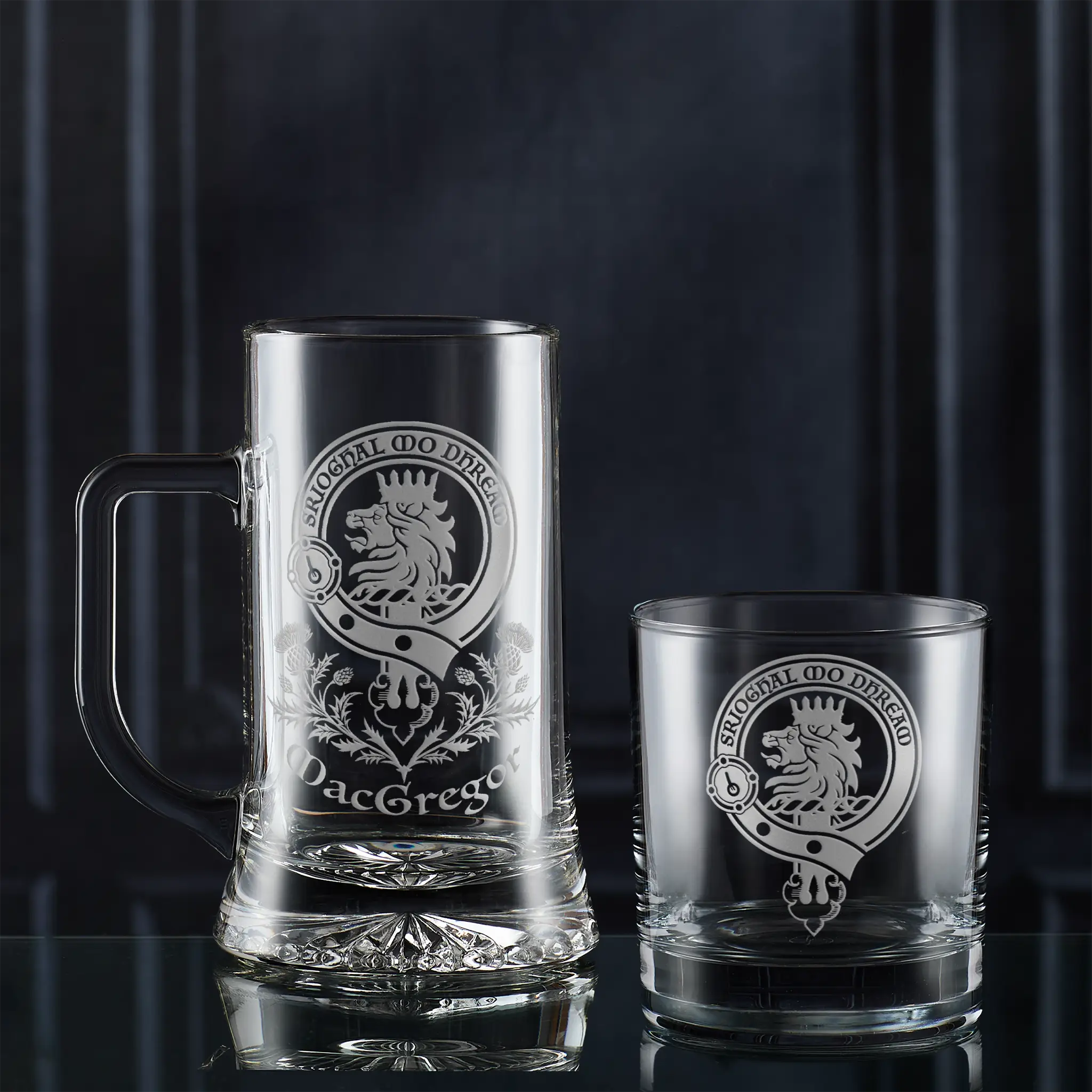 Engraved tankard and whisky glass featuring MacGregor crest and family motto
