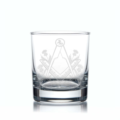 Engraved Masonic whisky glass with Square & Compass, thistles, and Scottish Unicorn, shown on a white background