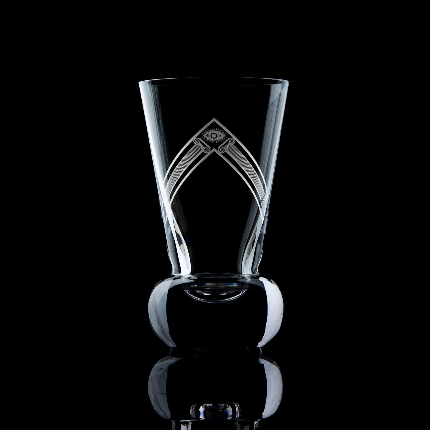 Masonic firing glass engraved with the Substitute Master collar jewel (Scottish Constitution), shown on a dark backdrop