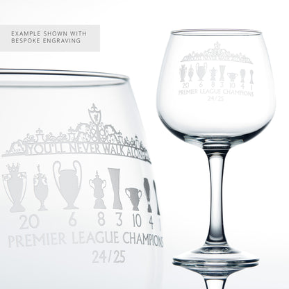 Example of bespoke football engraving on a gin glass , featuring the Shankly Gates and Liverpool football trophies
