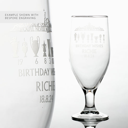 Engraved Liverpool stemmed beer glass featuring  personalisation below the Shankly Gates and championship trophy design. YNWA text shown for demonstration only.
