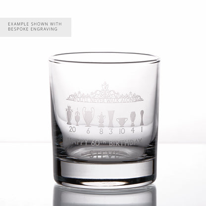 Engraved whisky glass featuring a completed personalisation details below the Shankly Gates design. YNWA Text shown for demonstration only.