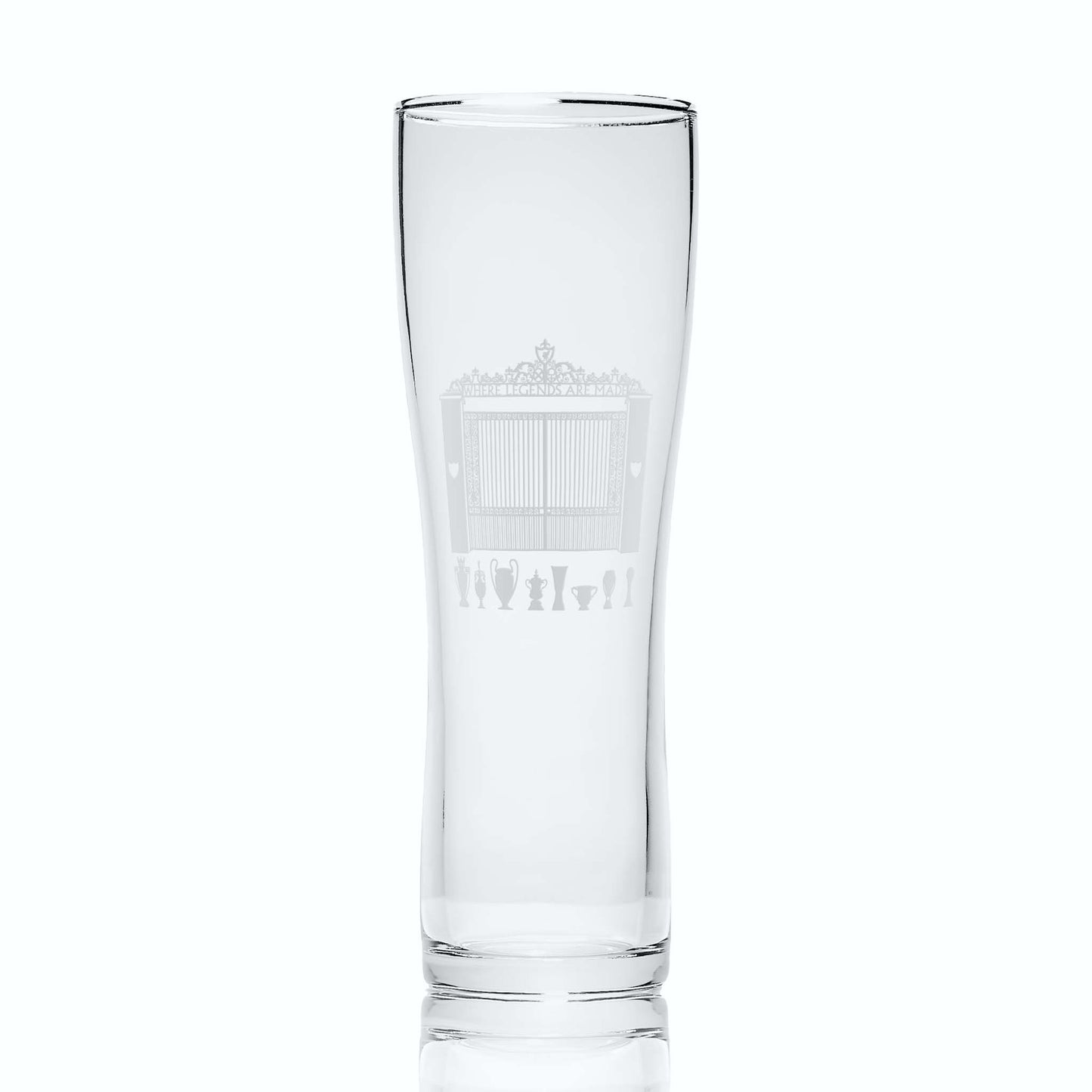 Liverpool pint glass with Shankly Gates and trophy silhouettes, shown front-facing on a white background to highlight glass detail