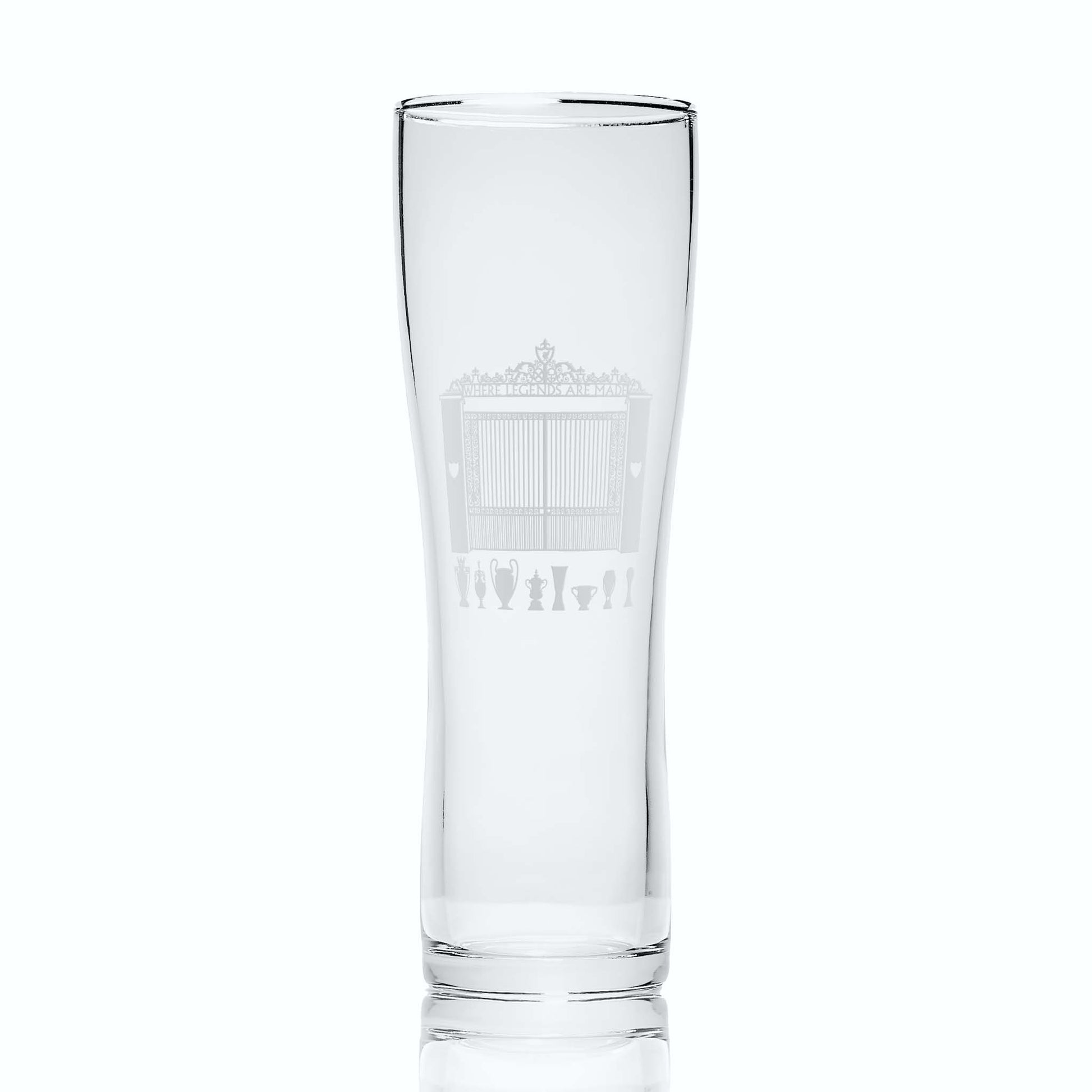 Liverpool pint glass with Shankly Gates and trophy silhouettes, shown front-facing on a white background to highlight glass detail