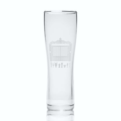 Liverpool pint glass with Shankly Gates and trophy silhouettes, shown front-facing on a white background to highlight glass detail