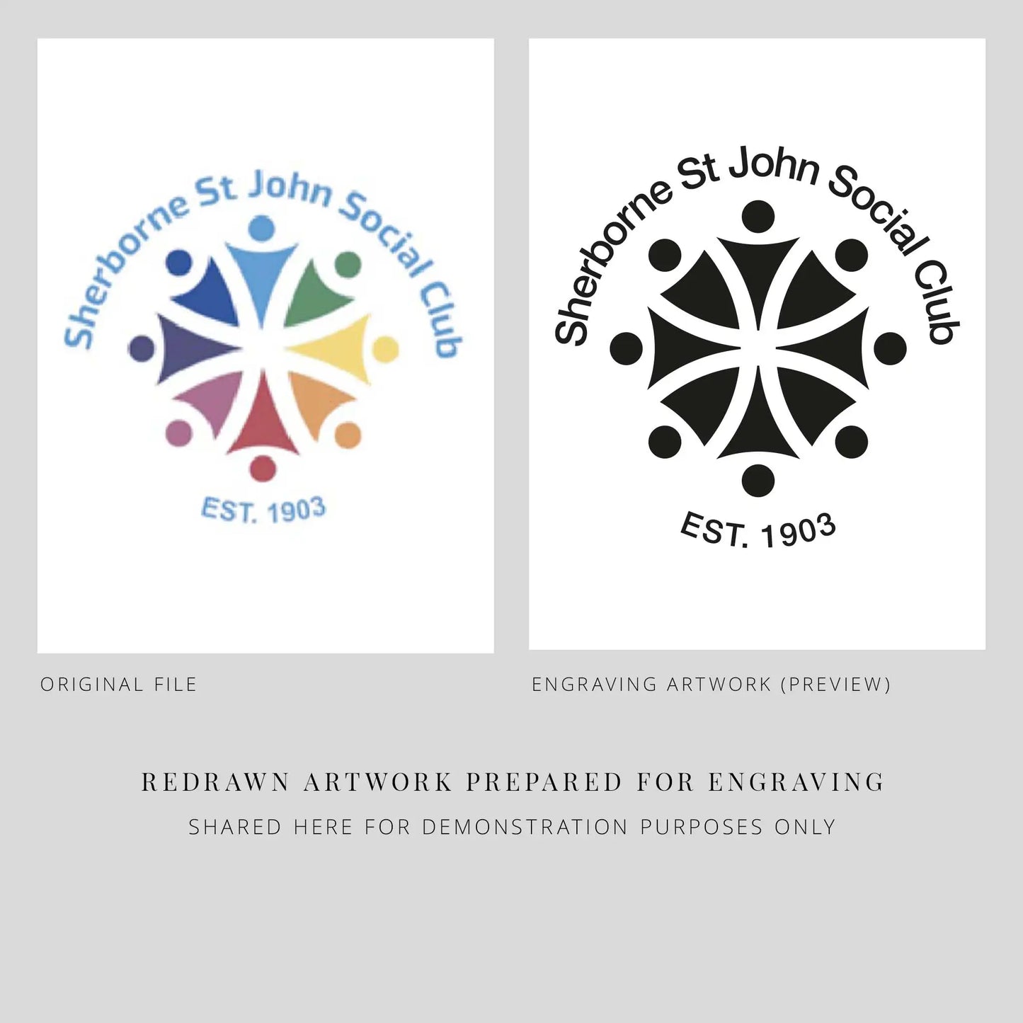 Two logos for Sherborne St John Social Club with original and engraving artwork displayed side by side.