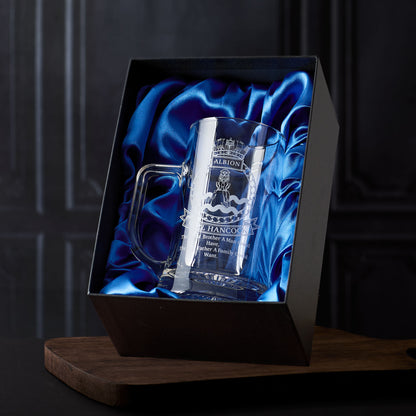 Beer tankard engraved with a HMS Navy crest and presented in a satin lined presentation box
