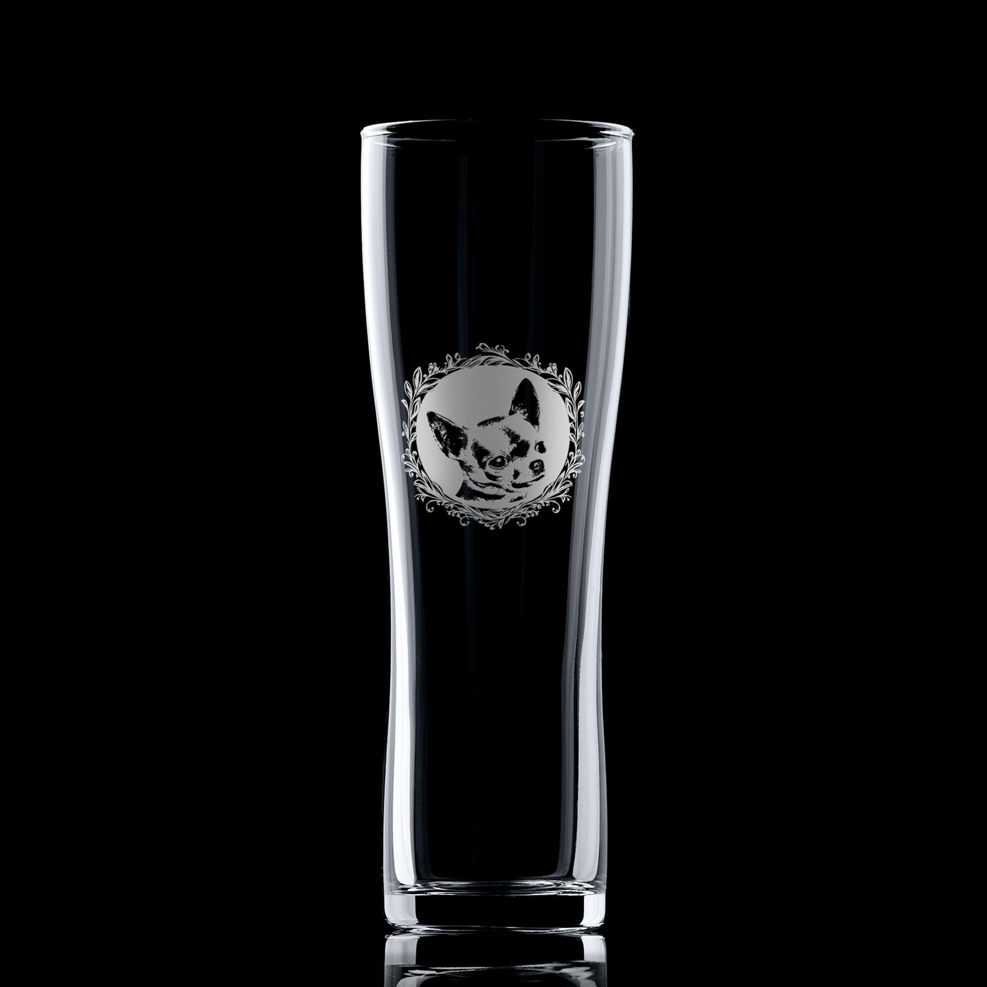 Pint Glass with engraved short haired chihushus portrait in circular frame with leafy garland