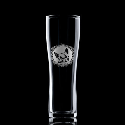 Pint Glass with engraved short haired chihushus portrait in circular frame with leafy garland