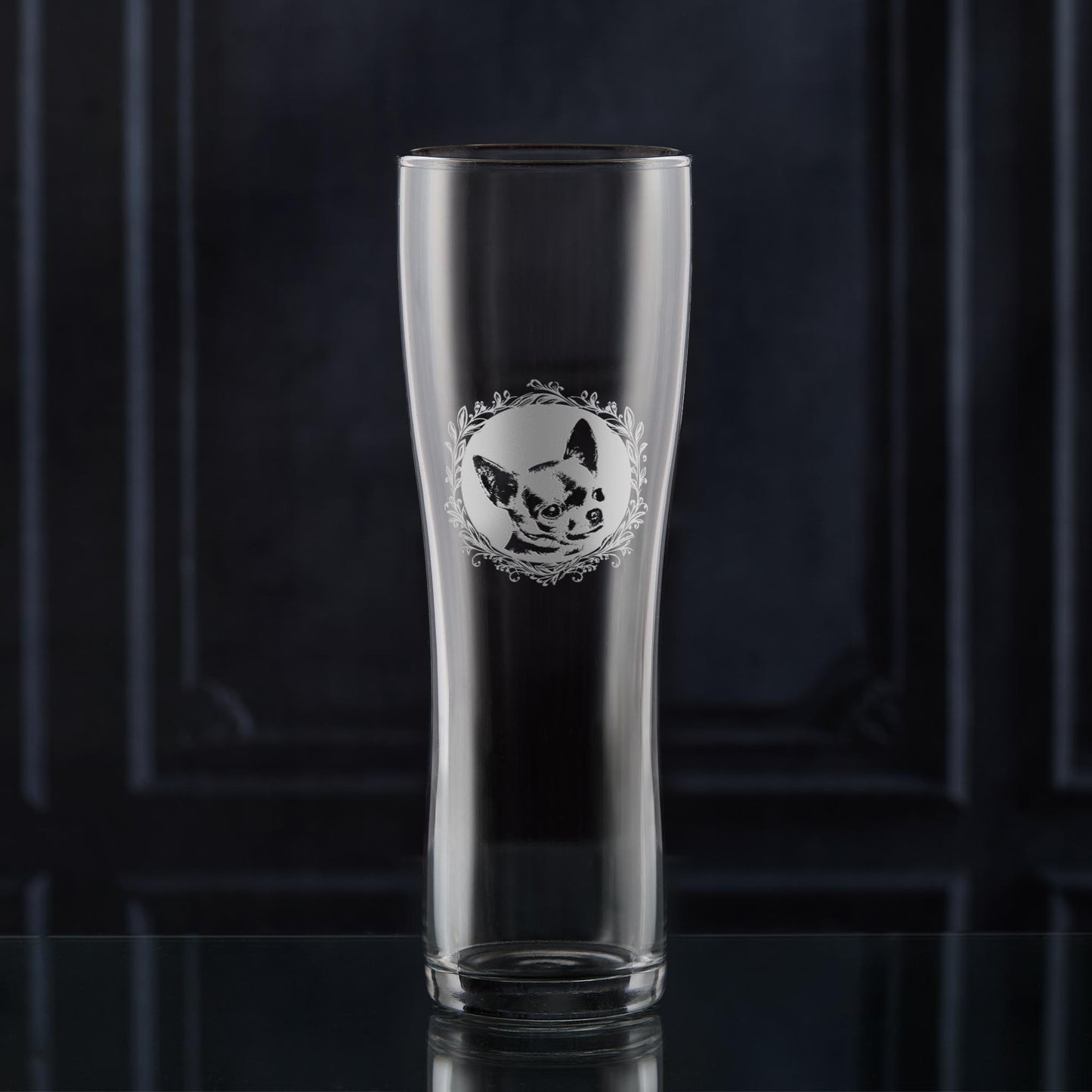 Pint Glass with engraved short haired chihushus portrait  framed with leafy garland