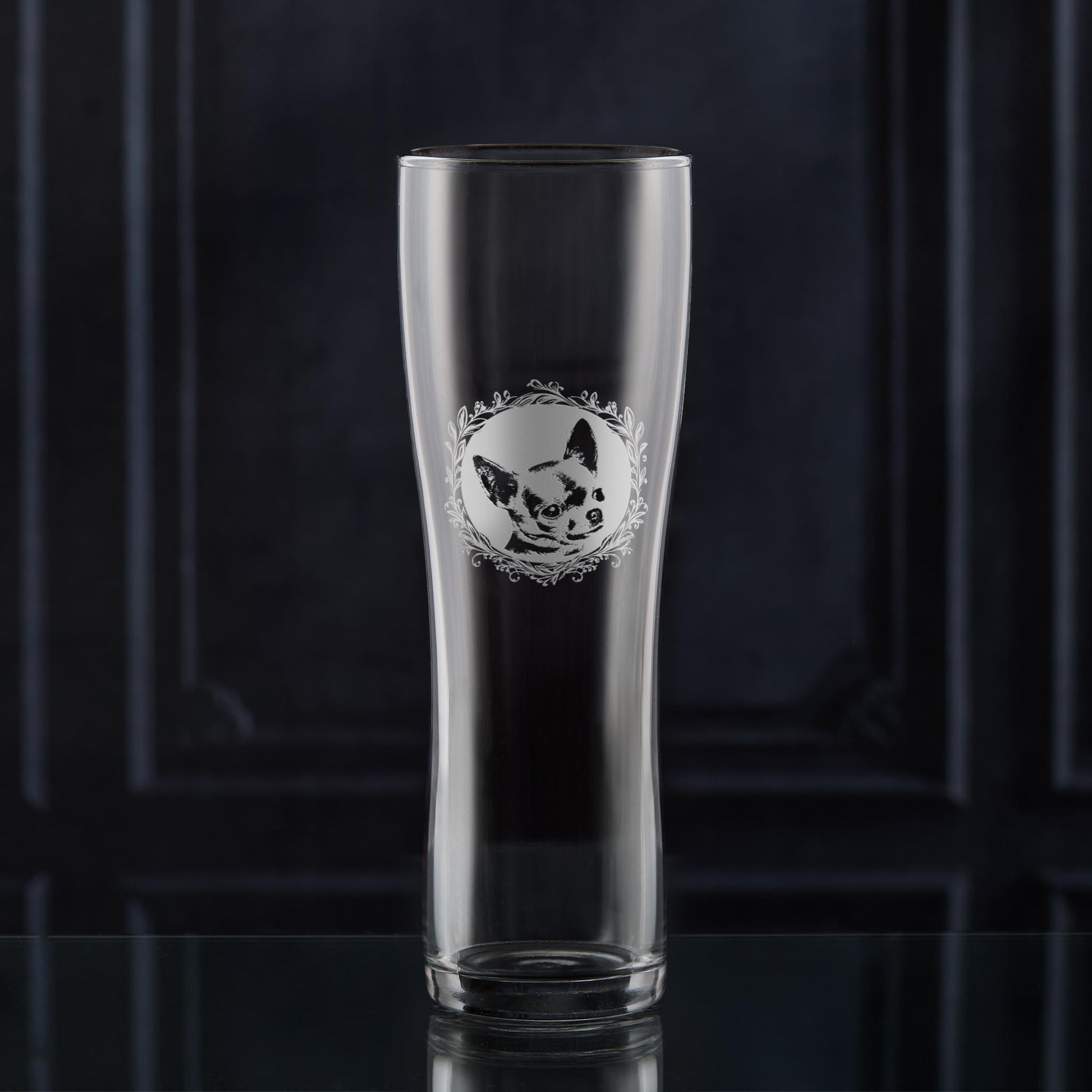 Pint Glass with engraved short haired chihushus portrait  framed with leafy garland