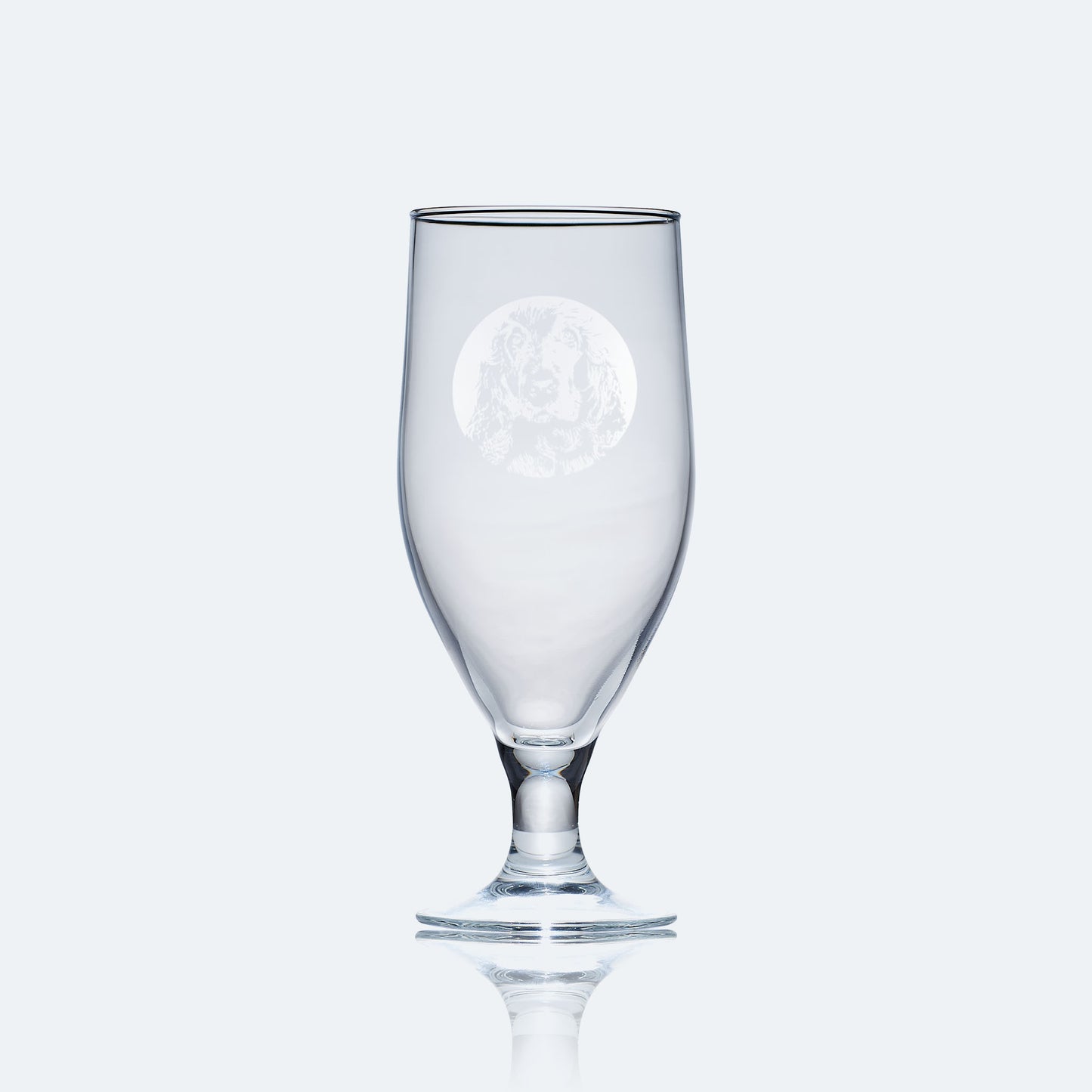 engraved chalice style stemmed beer glass etched with a portrait of a show cocker spaniel dog