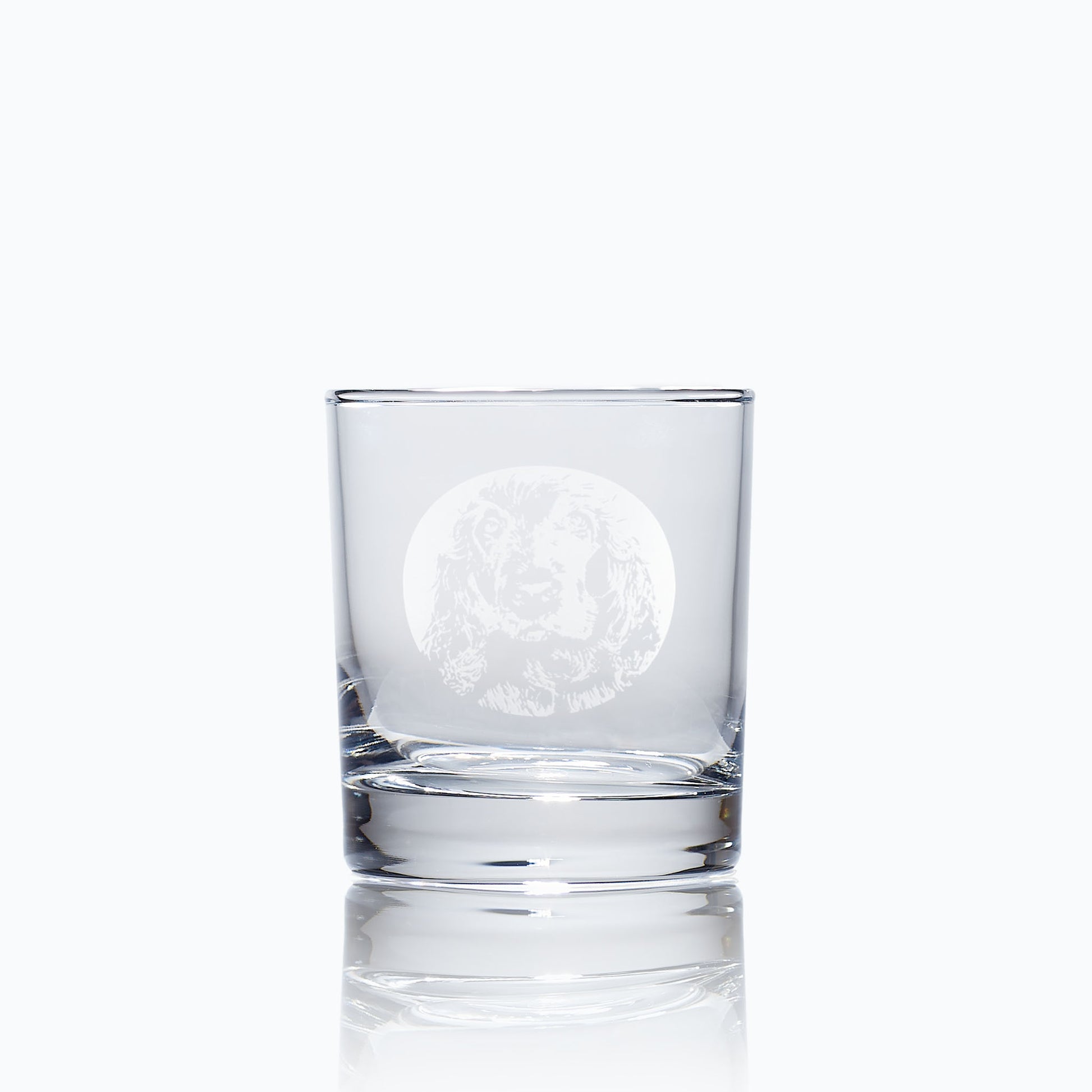 engraved whisky glass etched with a portrait of a cocker spaniel dog