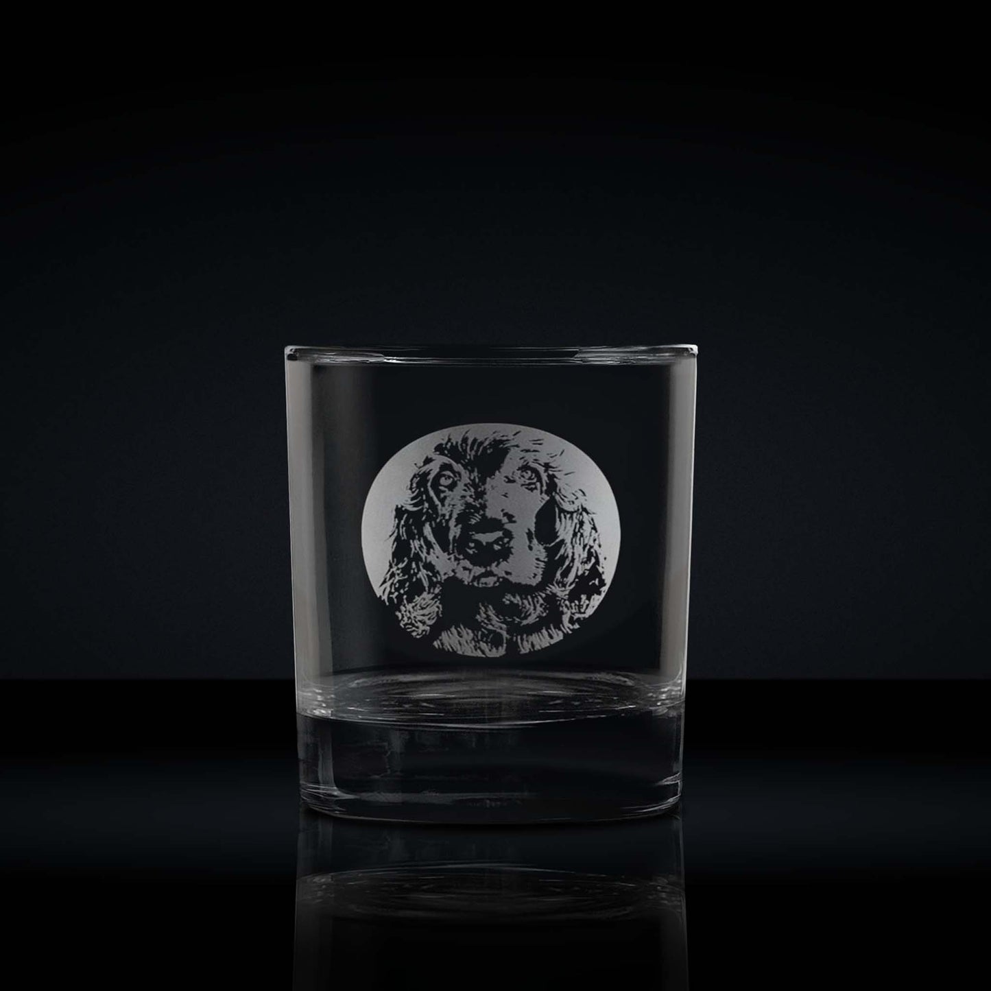 engraved whisky glass etched with a portrait of a cocker spaniel dog