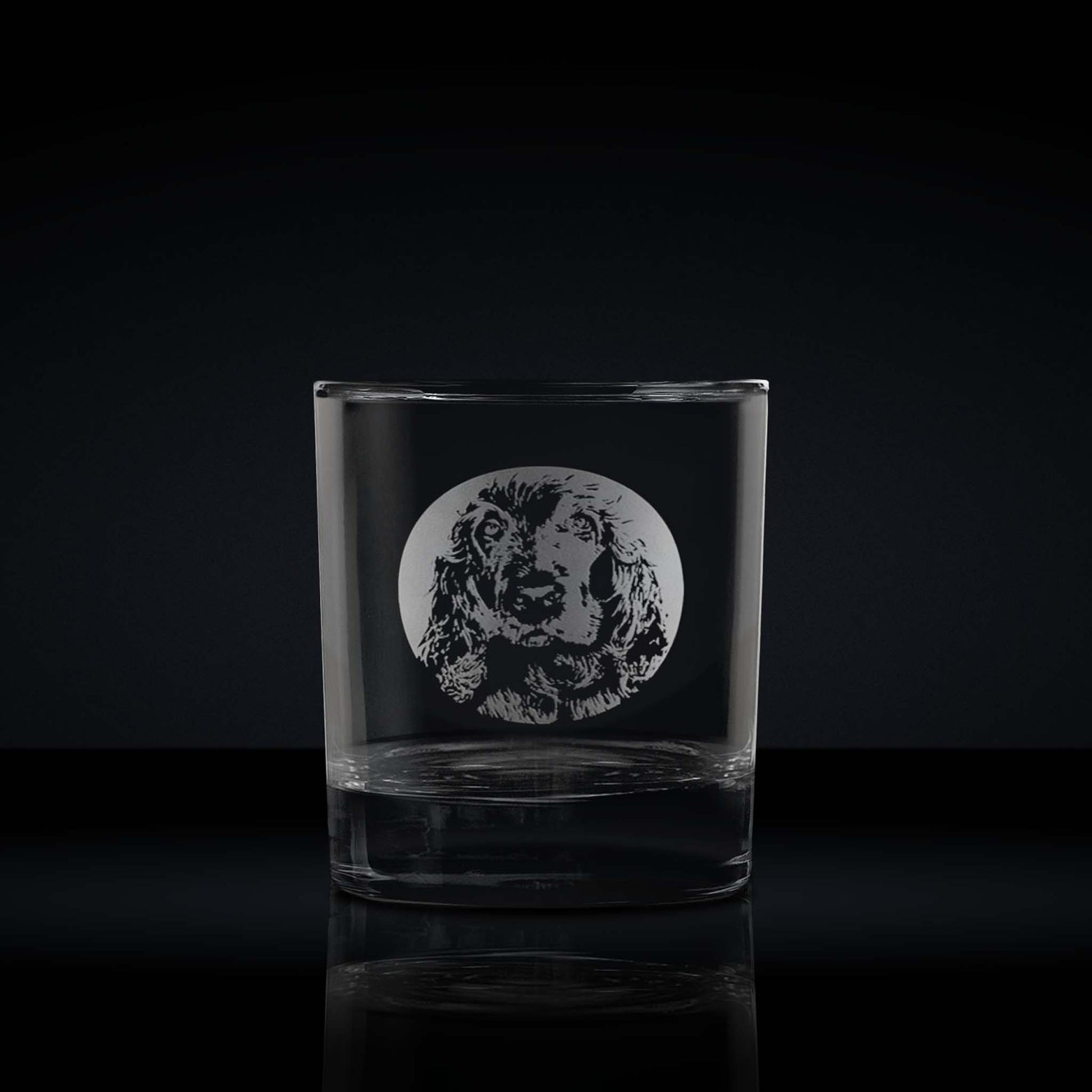 engraved whisky glass etched with a portrait of a cocker spaniel dog