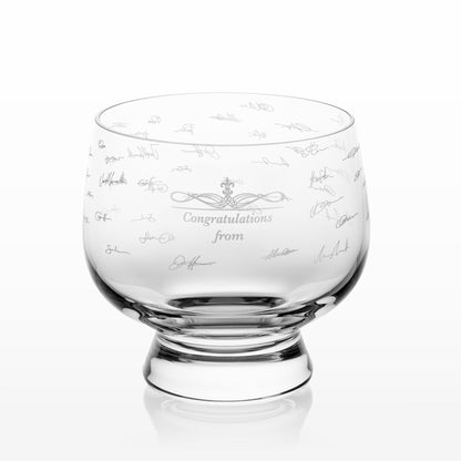 Large glass presentation bowl engraved with handwritten signatures