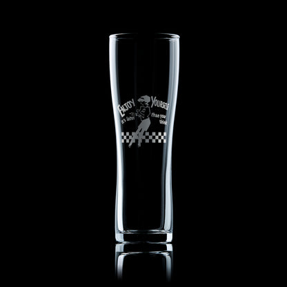 ska girl, beat girl engraved pint glass with the words enjo yourself, its later than you think