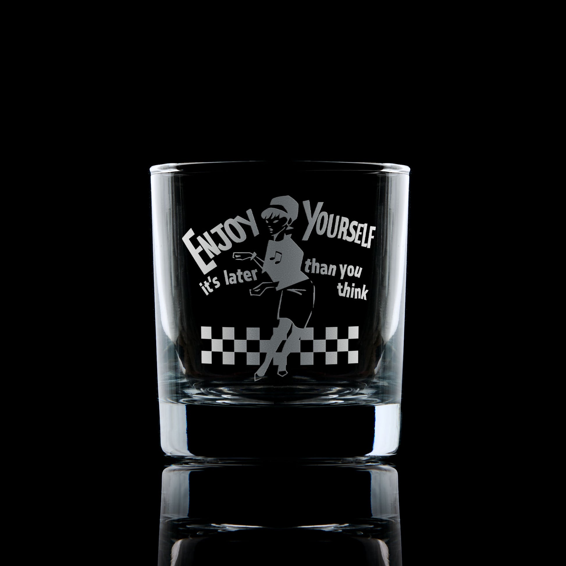 whisky glass engraved with a 2 tone ska design