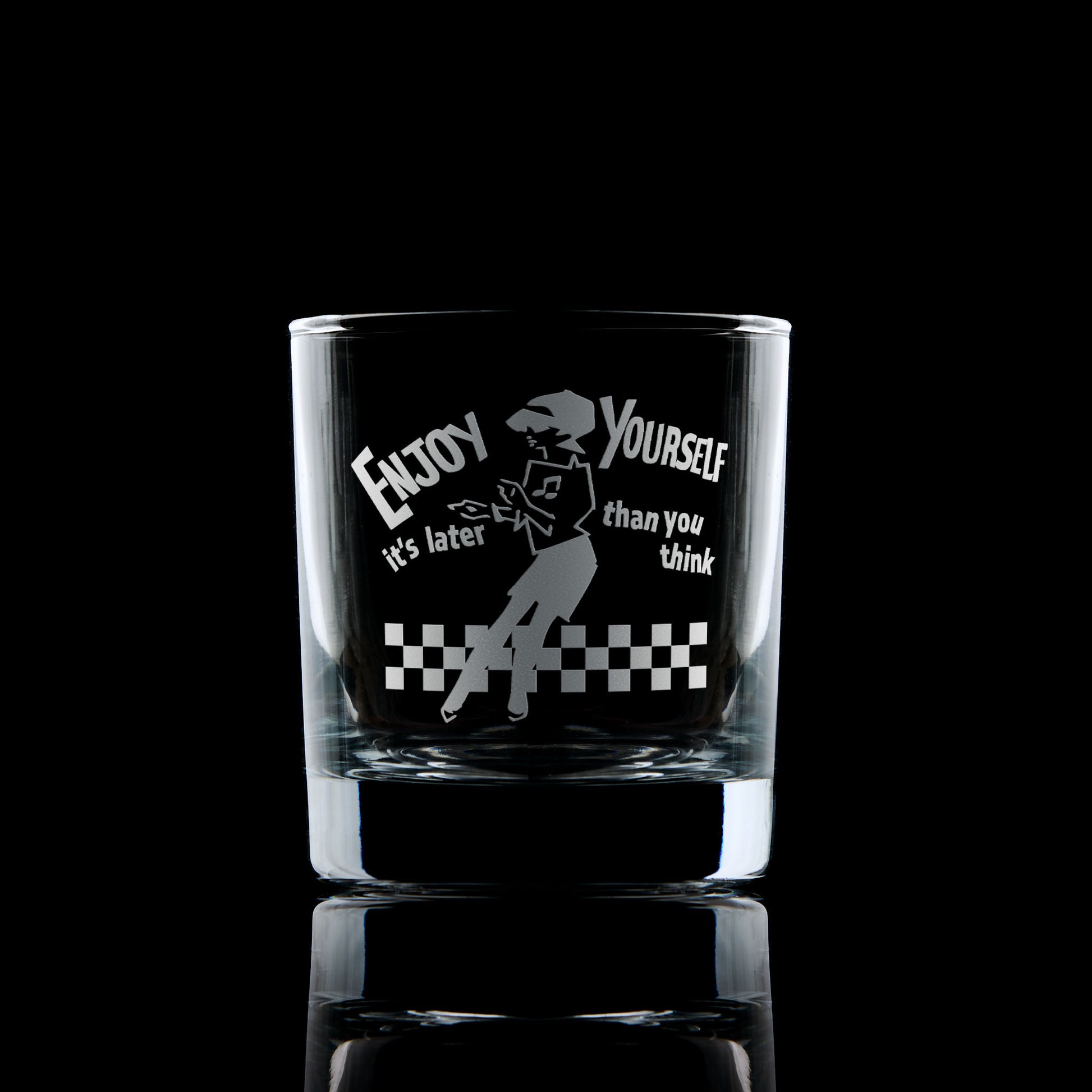 whisky glass engraved with a 2 tone ska design