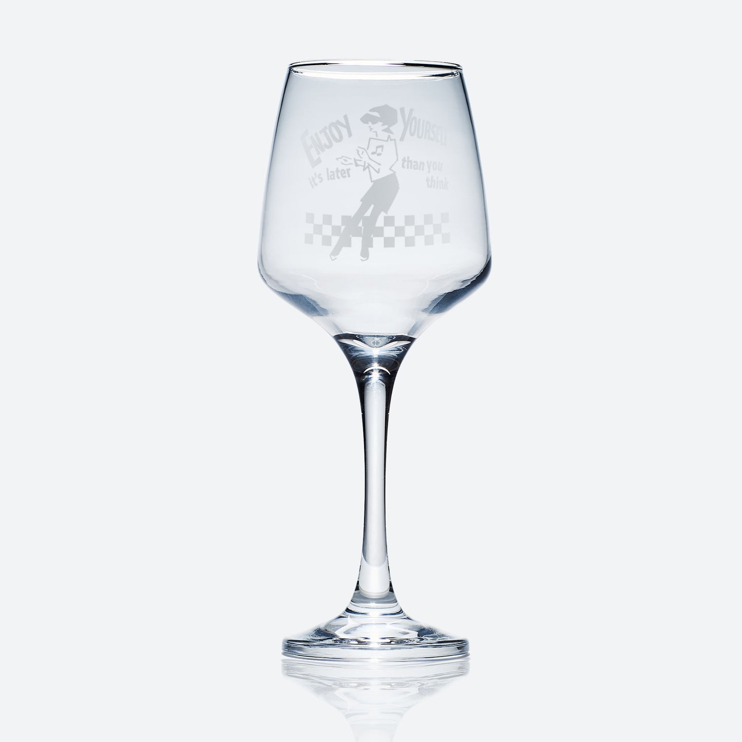 Personalised wine glass engraved with ska and beat girl design on a white background