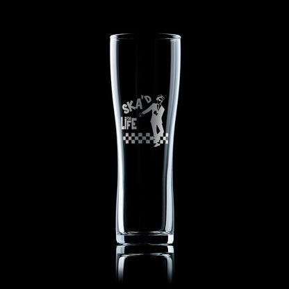 Walt jabsco ska man engraved pint glass on a black background