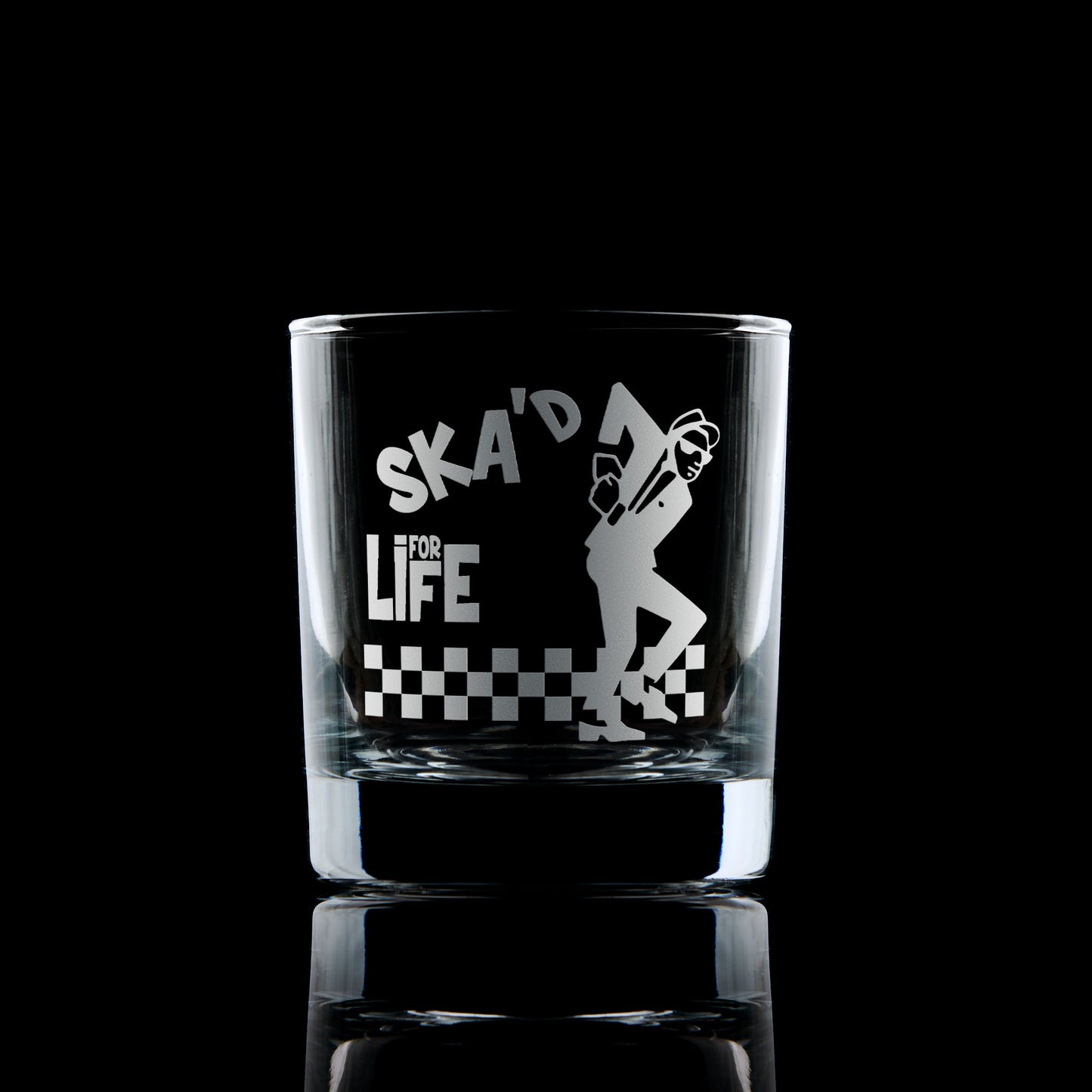 whisky glass engraved with a 2 tone ska design