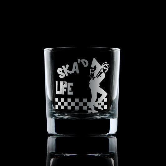 whisky glass engraved with a 2 tone ska design