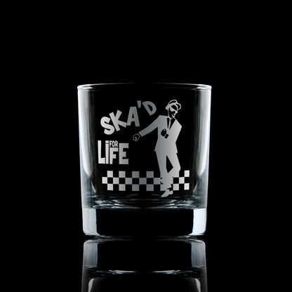 whisky glass engraved with a 2 tone ska design