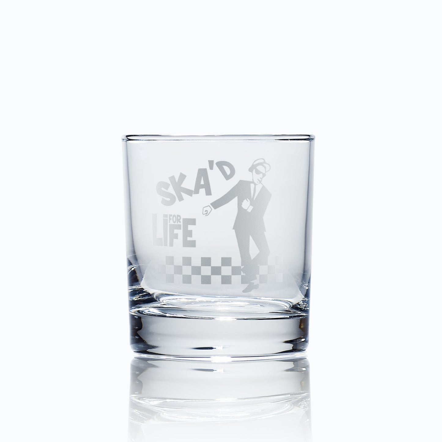 whisky glass engraved with a 2 tone ska design