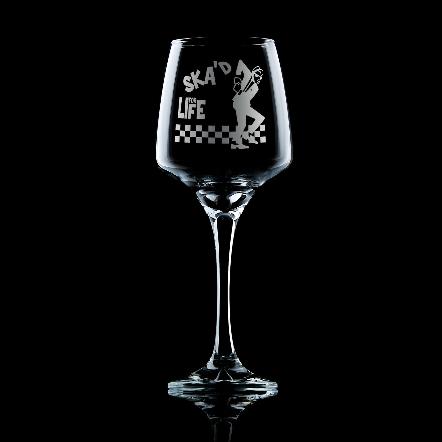 wine glass engraved with a ska design