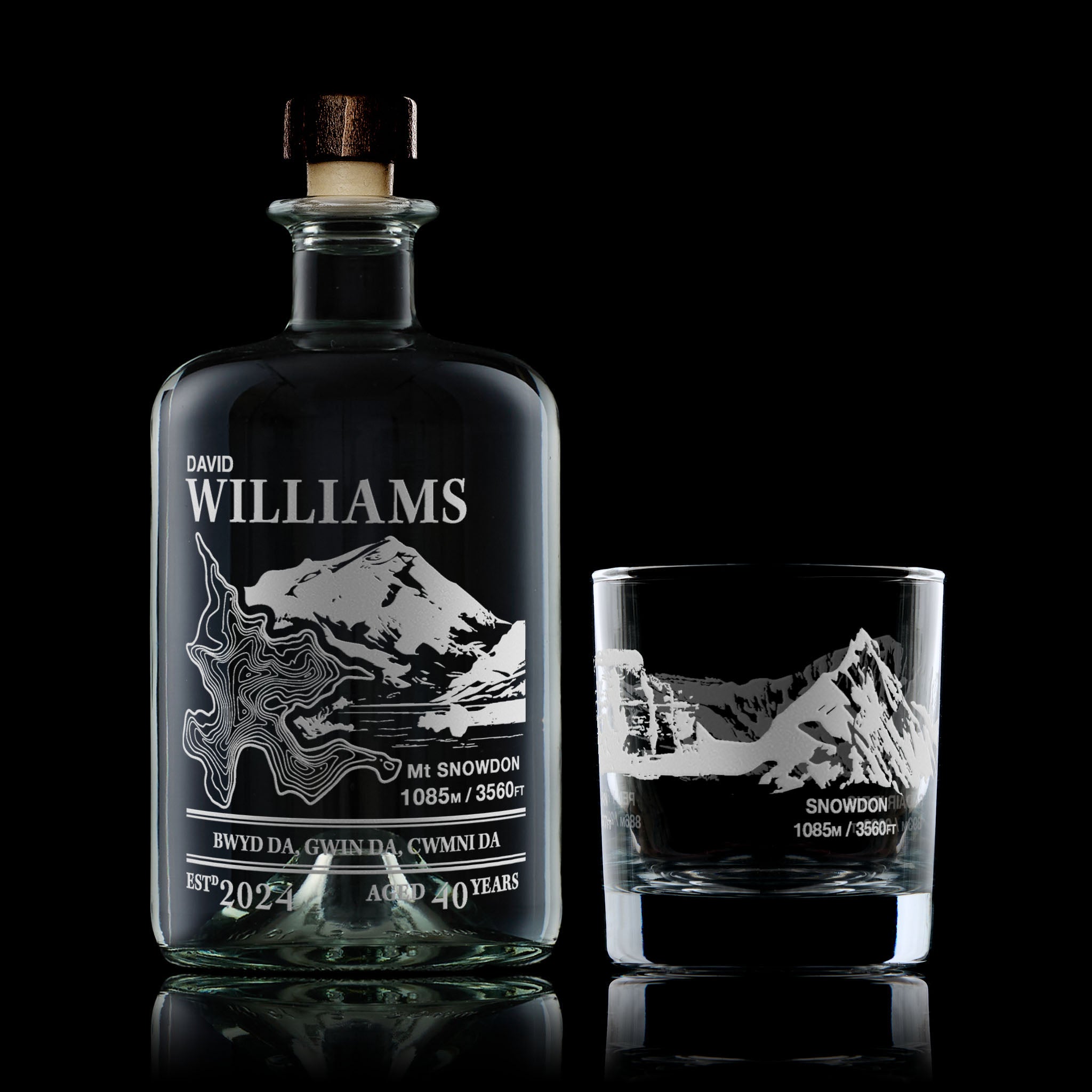 Welsh three peaks whisky decanter and glass gift set engraved with Snowdon, Cadair Idris and Pen Y Fan