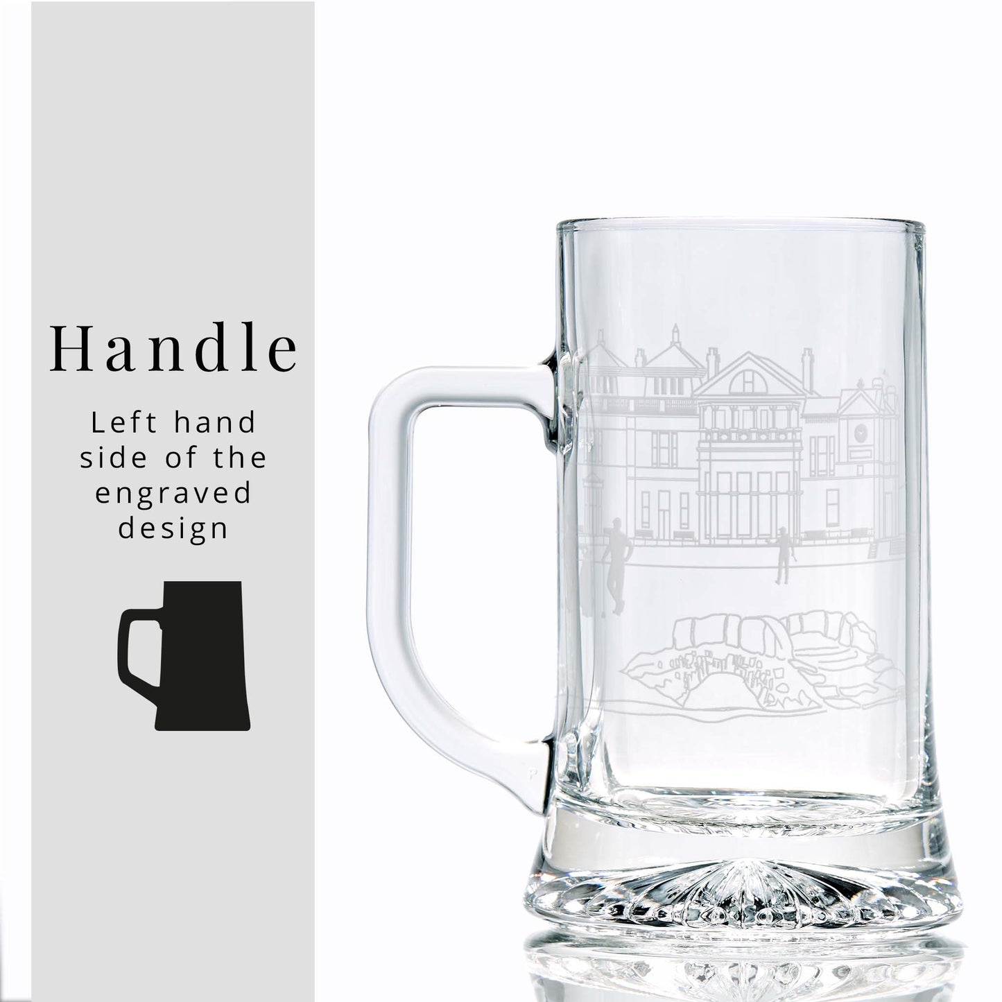 Clear glass tankard with engraved golf clubhouse design on a white background