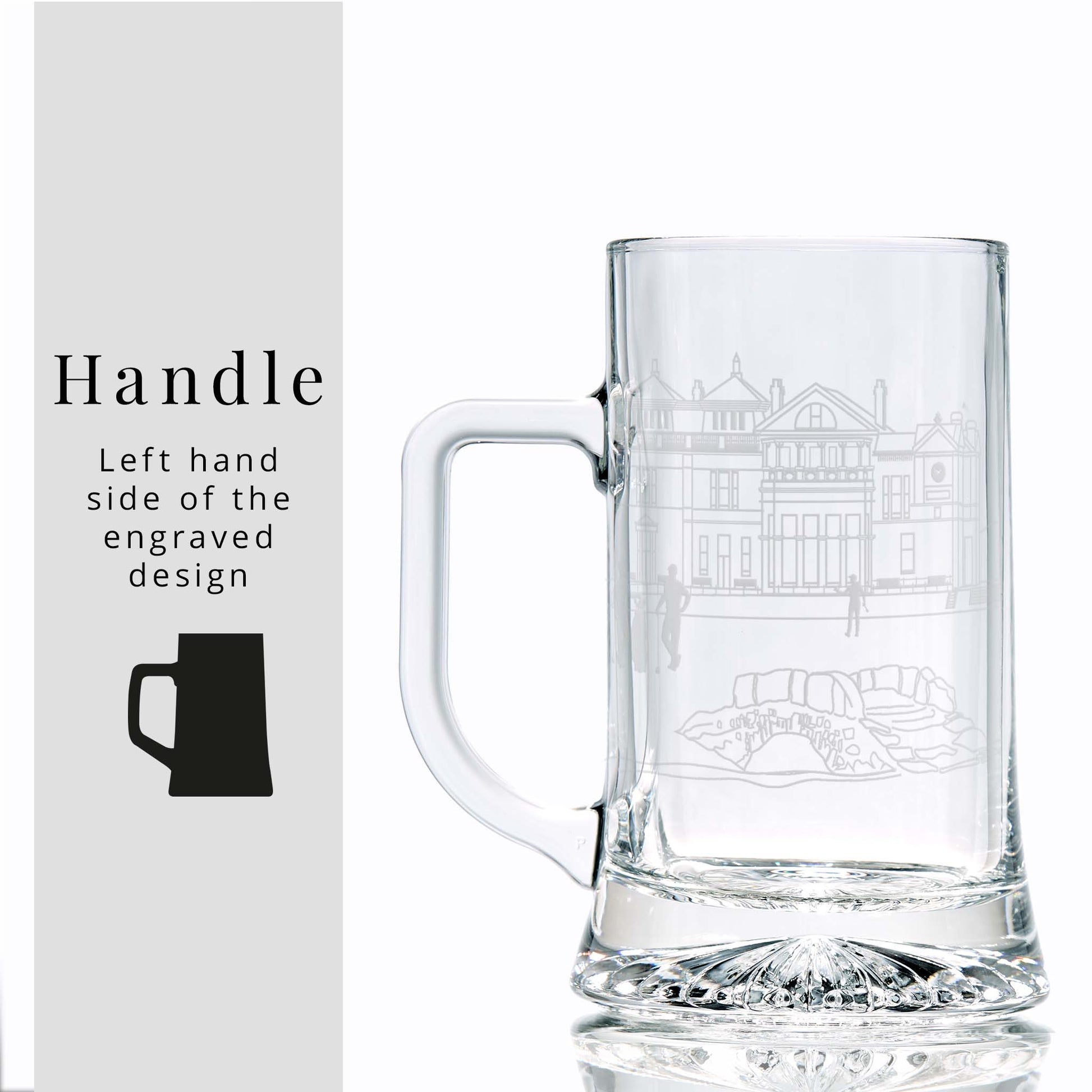 Clear glass tankard with engraved golf clubhouse design on a white background