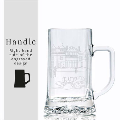 Glass golfing tankard with engraved golf clubhouse design on a white background