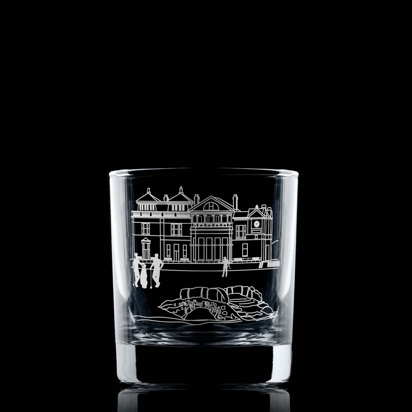 Whisky Glass with engraved design Inspired by the legendary building that overlooks the 18th green of St Andrews  famous links course.