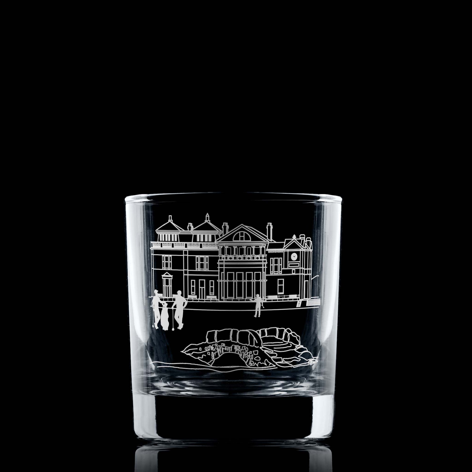 Whisky Glass with engraved design Inspired by the legendary building that overlooks the 18th green of St Andrews  famous links course.