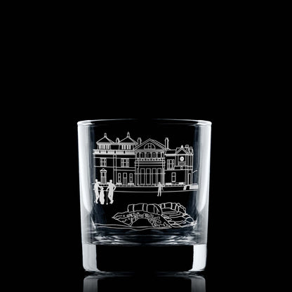 Whisky Glass with engraved design Inspired by the legendary building that overlooks the 18th green of St Andrews  famous links course.