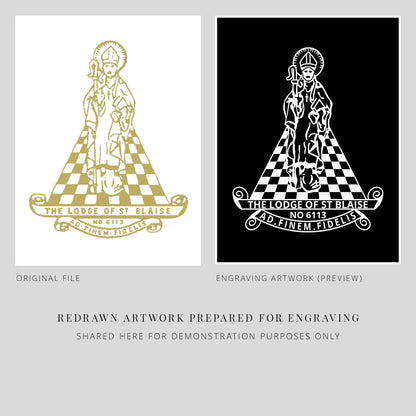 Original artwork and engraving preview for 'The Lodge of St Blaise' on a gray background.
