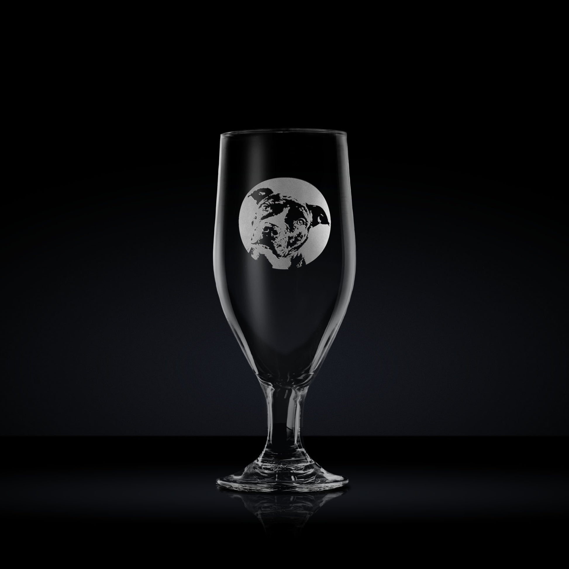 engraved chalice style stemmed beer glass etched with a portrait of staffordshire bull terrier dog