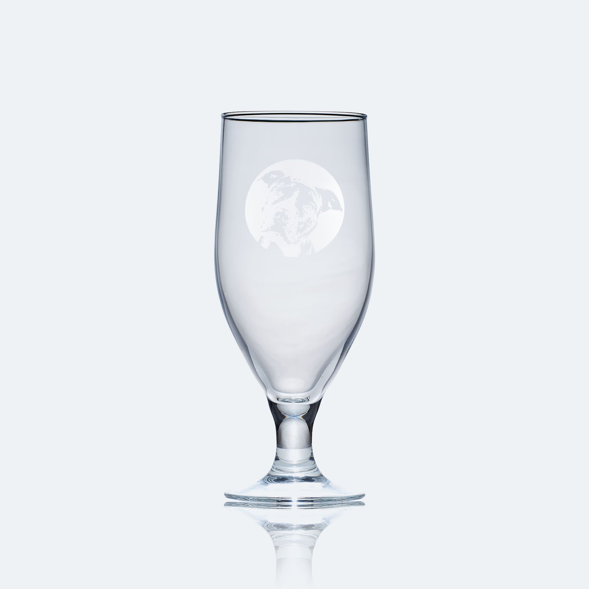 engraved chalice style stemmed beer glass etched with a portrait of staffordshire bull terrier dog