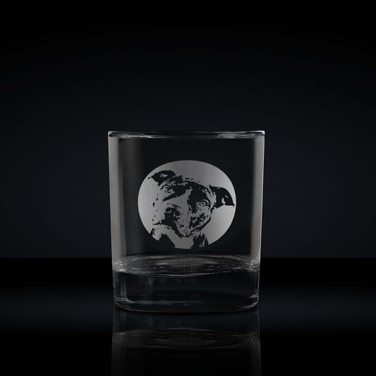 engraved whisky glass etched with a portrait of a staffordshire bull terrier dog