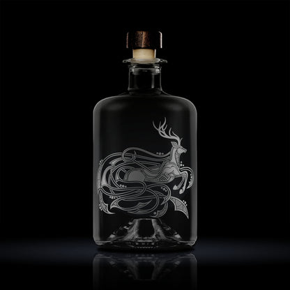 etched apothecary bottle engraved with the viking stag Eikthyrnir and celtic designs