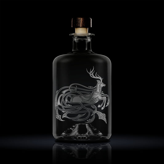 etched apothecary bottle engraved with the viking stag Eikthyrnir and celtic designs