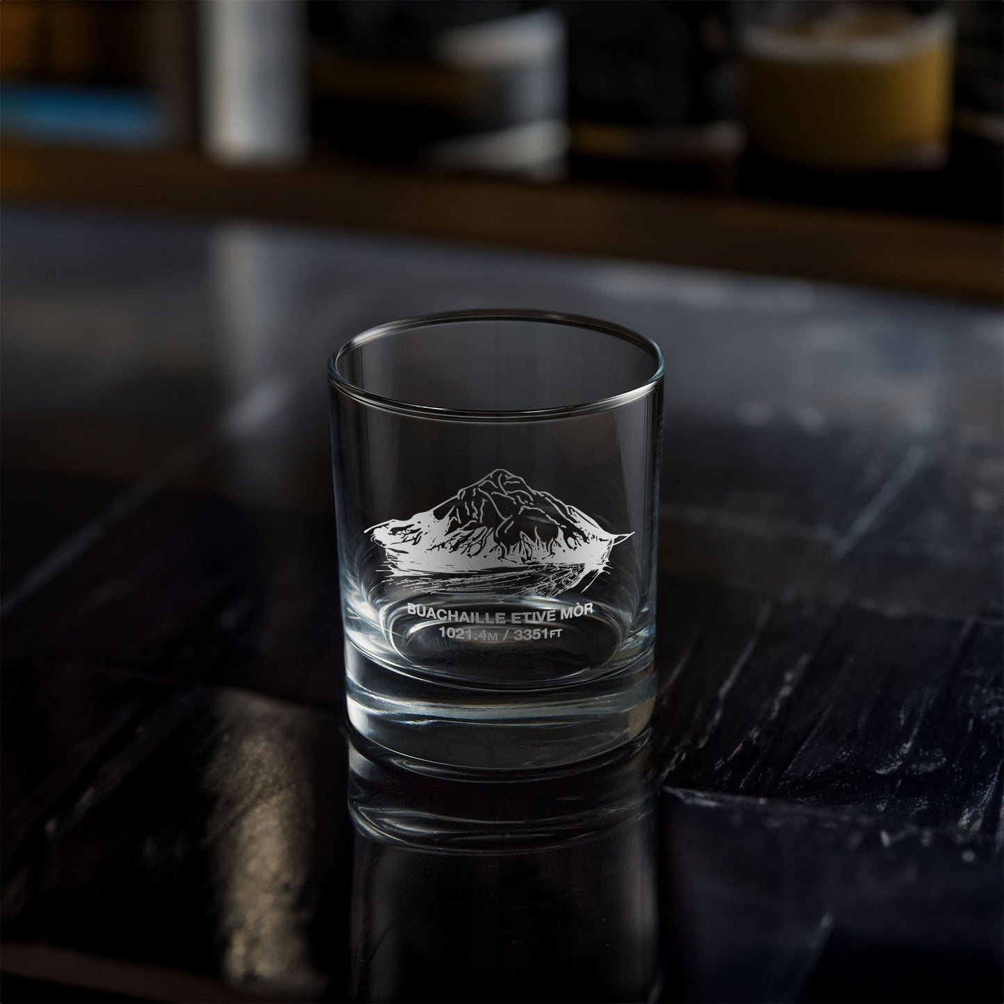 whisky glass engraved with a scottish mountain in glencoe