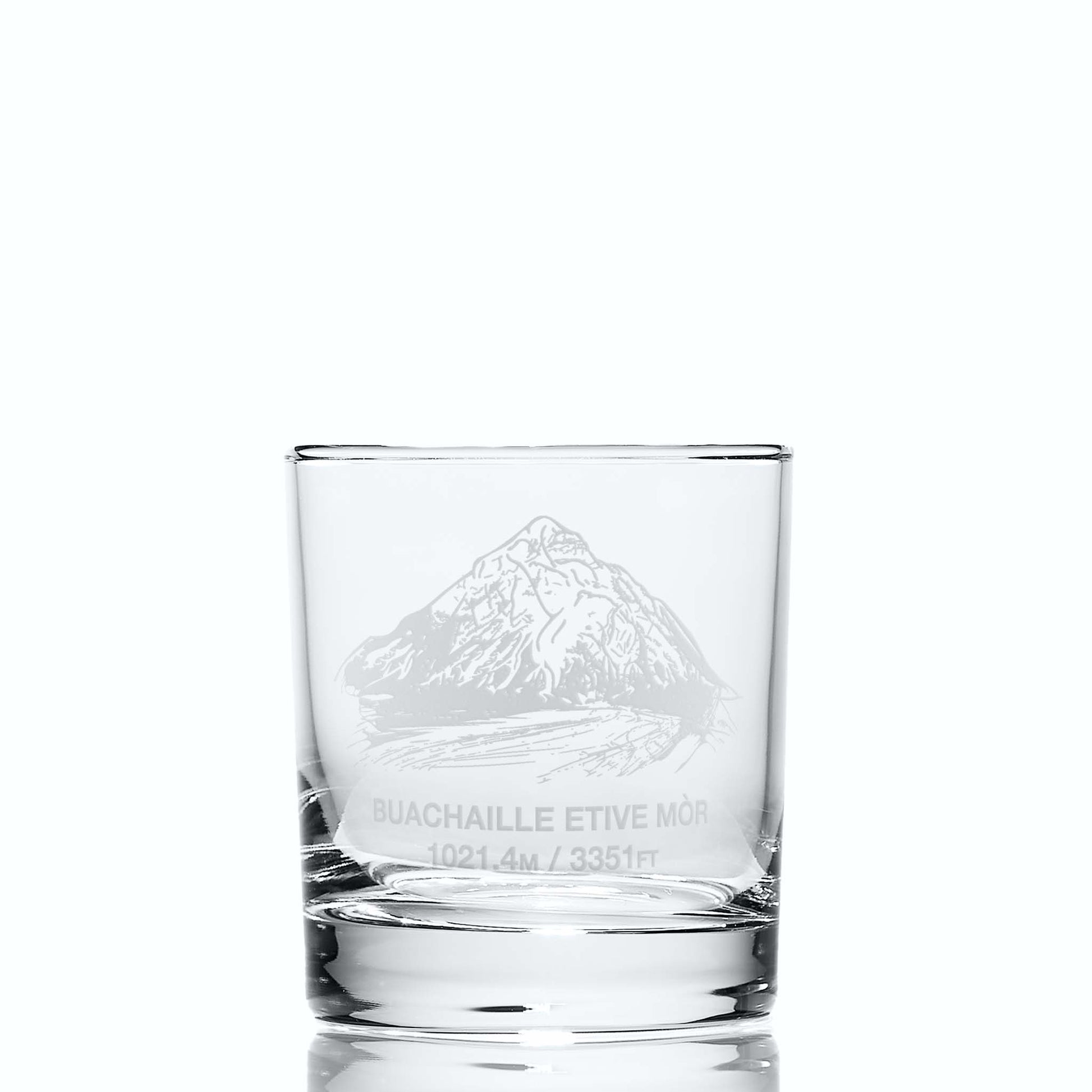 Whisky glass engraved with Stob Dearg on Buachaille Etive Mòr, photographed on a white background
