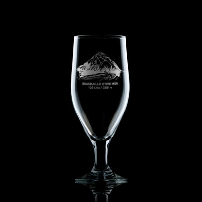 chalice style stemmed beer glass engraved with a scottish mountain in glencoe