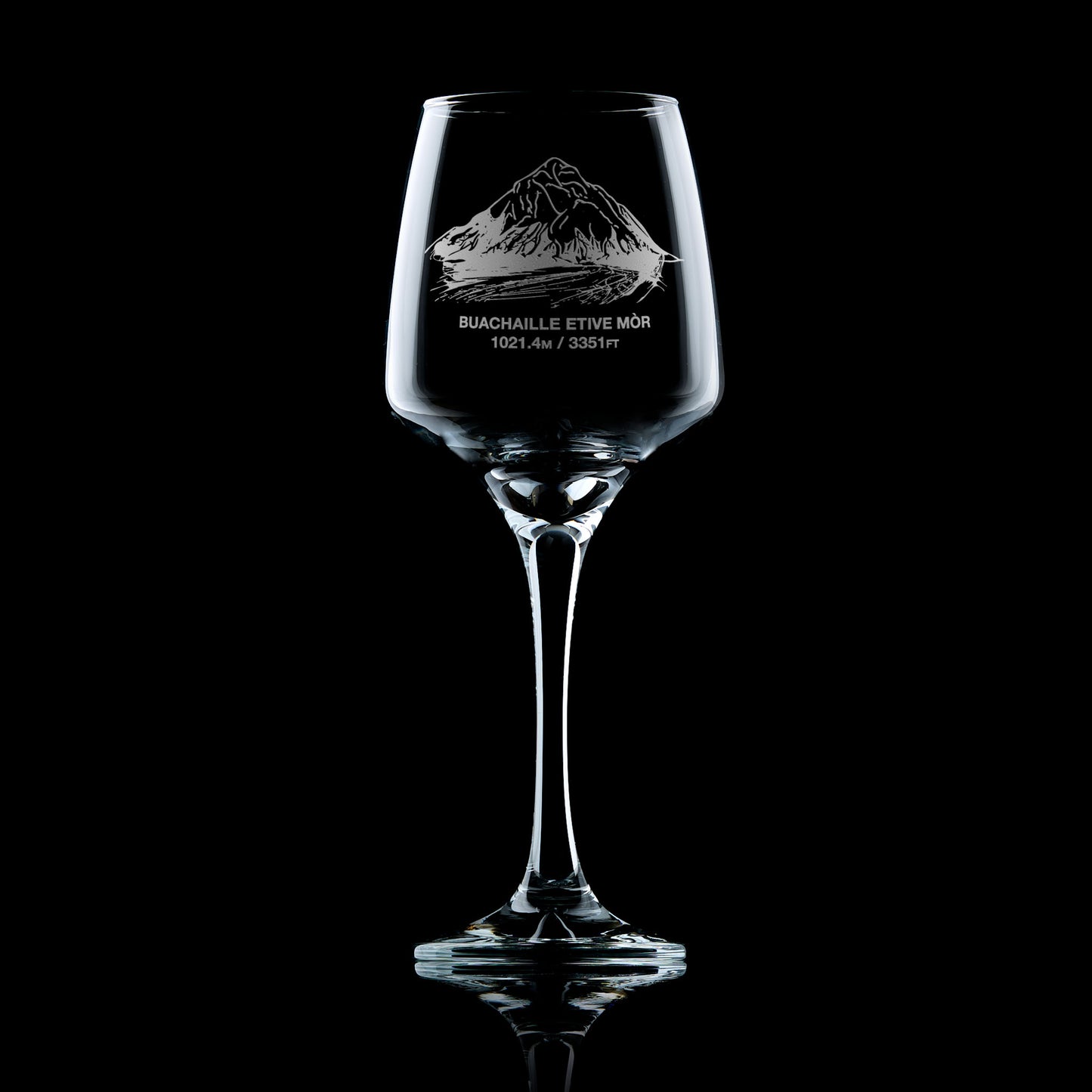 stemmed wine glass engraved with a scottish mountain in glencoe