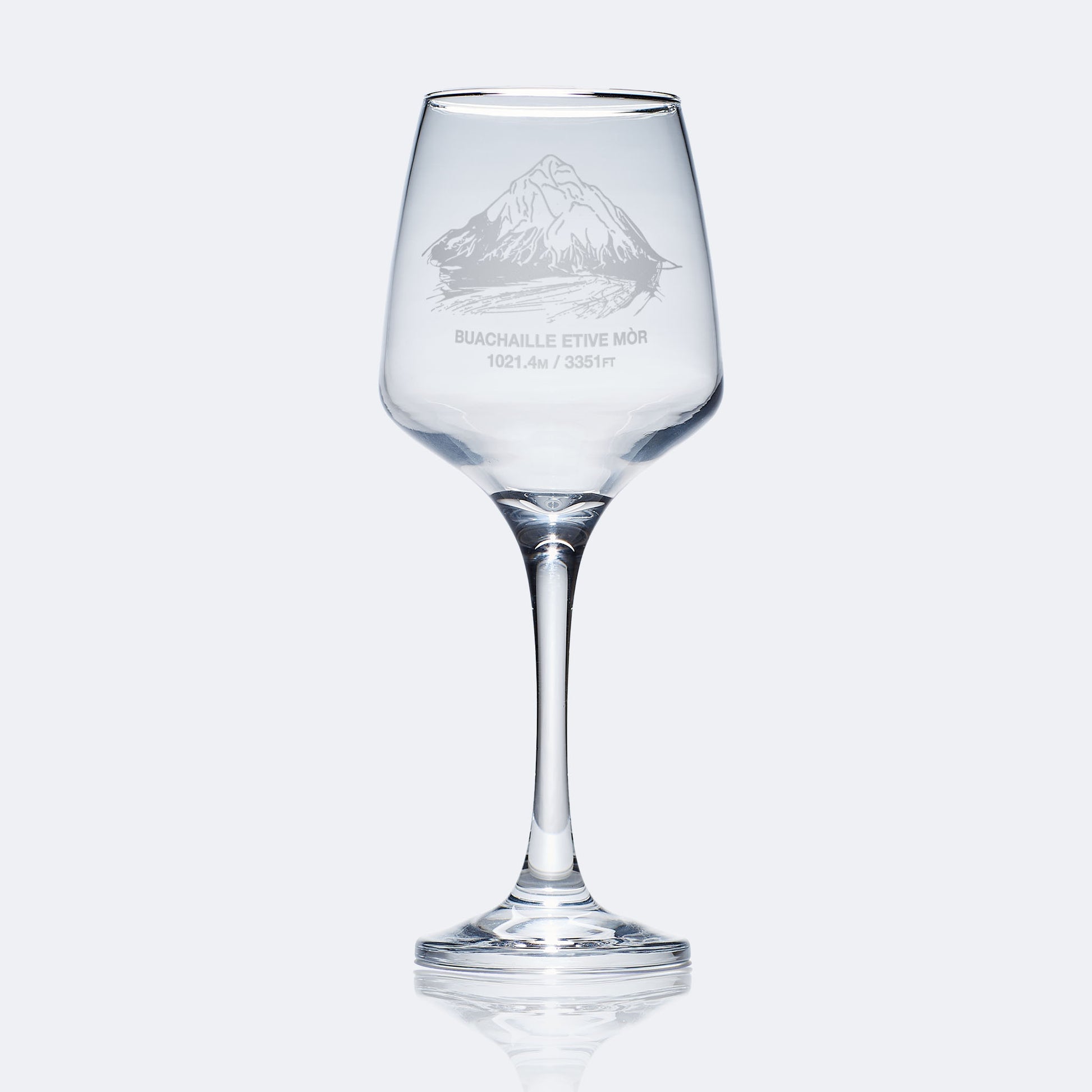 stemmed wine glass engraved with a scottish mountain in glencoe