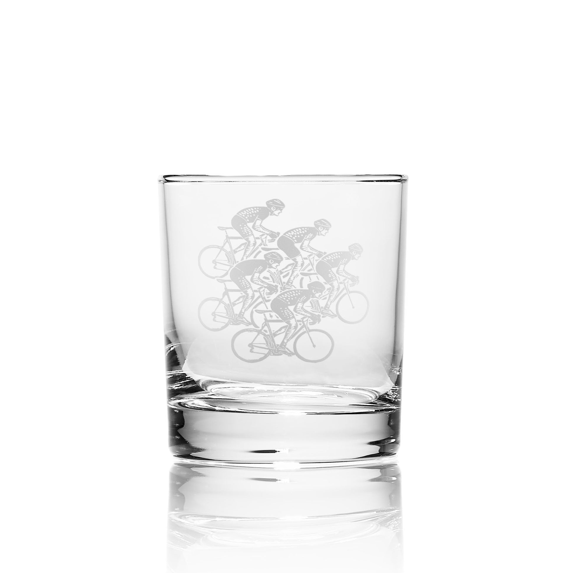 Engraved whisky glass with silhouette of road cyclists and personalised text option